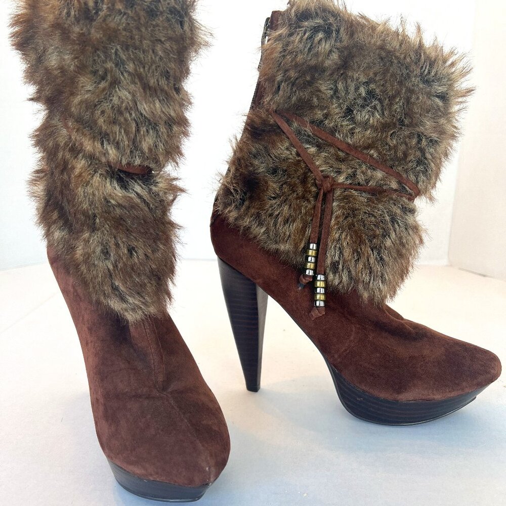 Two Lips Brown Suede & Faux Fur Platform Heels Size 6.5